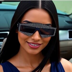 XXL Big Square Sunglasses Women Fashion Crystal Shades Dark Navy Blue Frame UV40